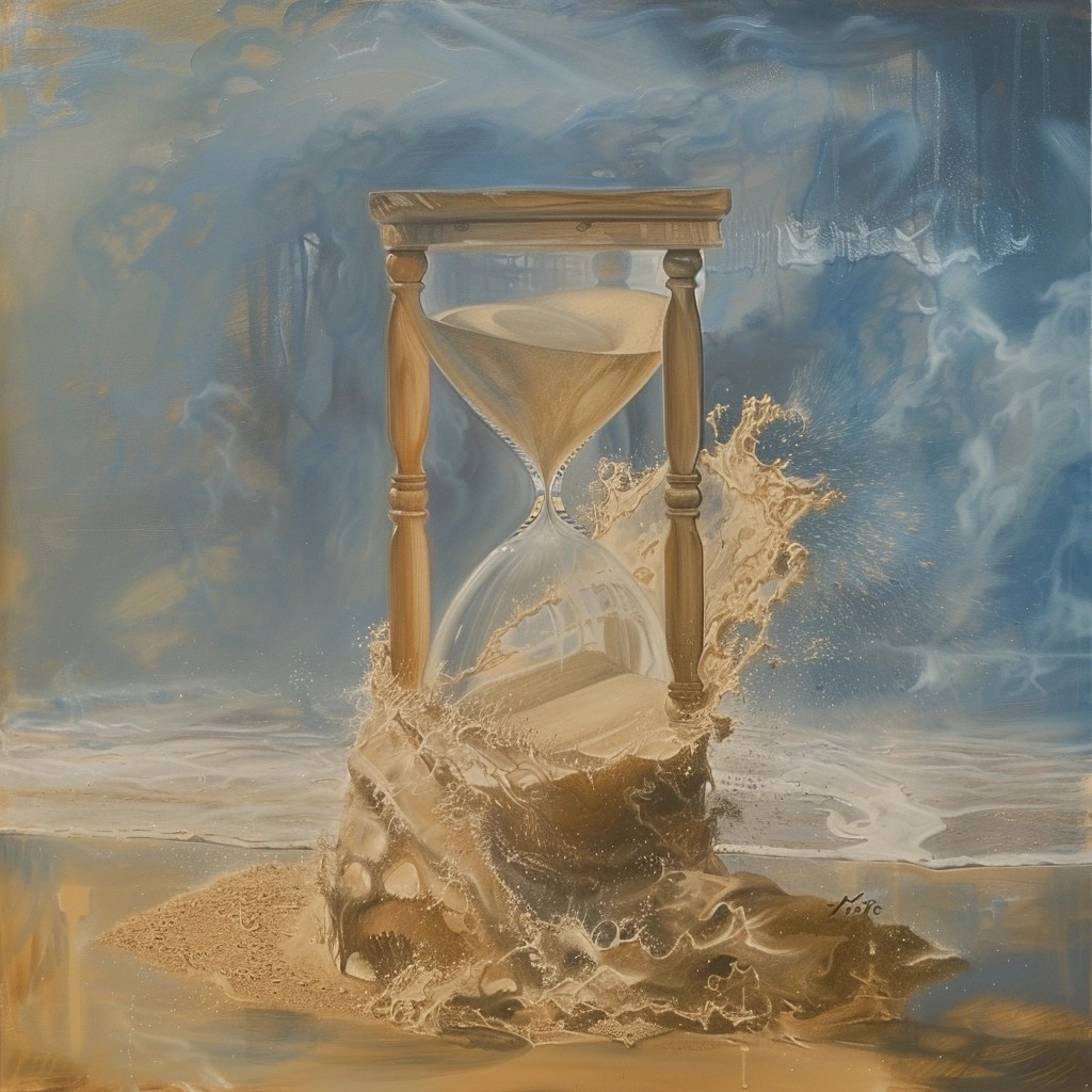 This is an oil painting of an hourglass on a shore, with the bottom half submerged in sand and water, suggesting a merging with the beach. The top half is clear, and the sand within is falling down to the bottom, where it blends with the natural sand of the beach. The water splashing against the bottom part of the hourglass creates a dynamic interaction between time and nature. The sky in the background appears tumultuous, adding to the dramatic effect.