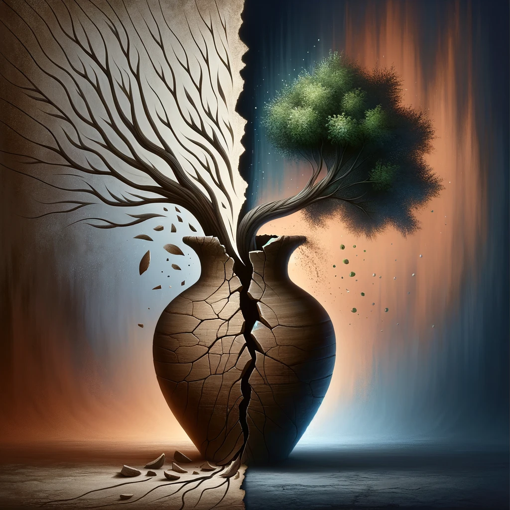 Abstract digital art depicting the concept of antifragility. A cracked clay vase on the left side gradually transforms into a robust, flourishing tree on the right. This transformation symbolizes growth and resilience, with the tree emerging strong from the broken vase. The background transitions from dark to light, enhancing the theme of overcoming and thriving through challenges.