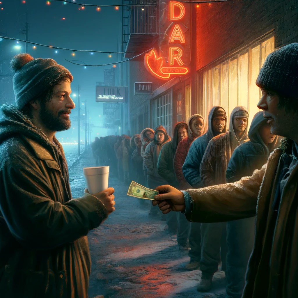A digital painting of a chilly night scene in Detroit, featuring a man in worn clothes offering a dollar bill to another man in a crowded line outside a bar. The setting is illuminated by neon bar signs and dim streetlights, emphasizing the theme of generosity and unexpected acts of kindness.
