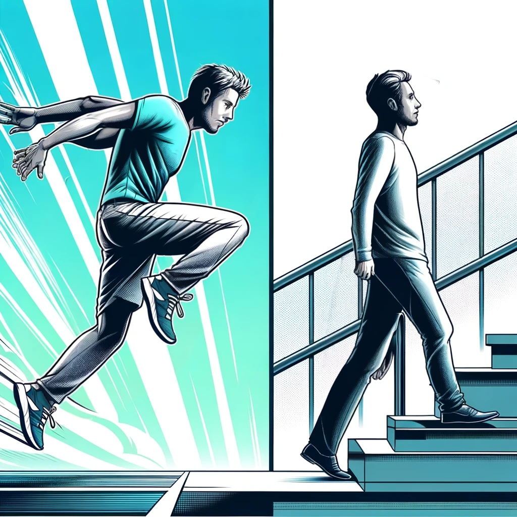 The image is a split view: on the left, a man dressed in casual attire jumps energetically mid-air up a staircase, mirroring the relaxed man on the right who is walking up the same steps. Both men wear similar outfits, emphasizing the contrast between their dynamic and calm demeanors.