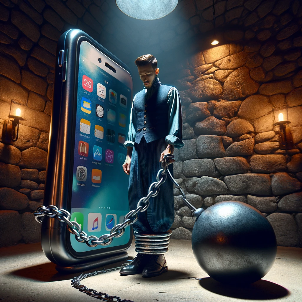 A person is standing in a stone-walled room, reminiscent of an old dungeon, with an oversized smartphone attached to a chain that is linked to their leg. The setting is dimly lit, creating dramatic shadows, and the person, dressed in a fusion of contemporary and vintage prisoner's attire, gazes down at the smartphone with a look of mild frustration. The chain suggests a heavy, burdensome weight, metaphorically representing the smartphone as a modern shackle.