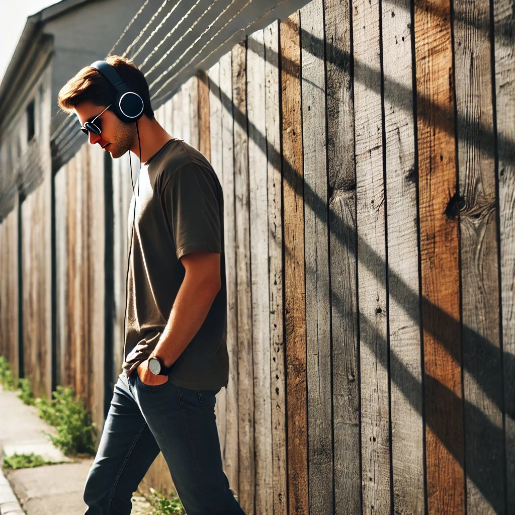 A person casually walks past a slightly weathered wooden fence during the day. They are wearing headphones and sunglasses, with their head tilted down, suggesting they might be focused on their music. The person is dressed in a t-shirt and jeans, and the sunlight casts gentle shadows on the fence, adding a rustic ambiance to the scene.