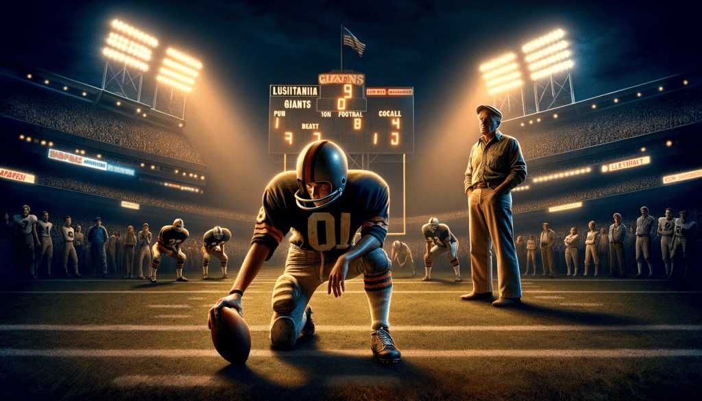 An illustration of a high school football game at Giants Stadium during a night match. The scene is set under bright lights, highlighting a junior year football player, dressed in full gear, intensely focused on executing a fake punt play named 'Lusitania'. The player appears slightly anxious amid the tense atmosphere. In the background, an admired coach observes the play with keen interest. The stadium is filled with a vibrant crowd, adding to the drama and anticipation of the moment. The image conveys a mix of nostalgia, tension, and the significance of this pivotal play in the player's life.