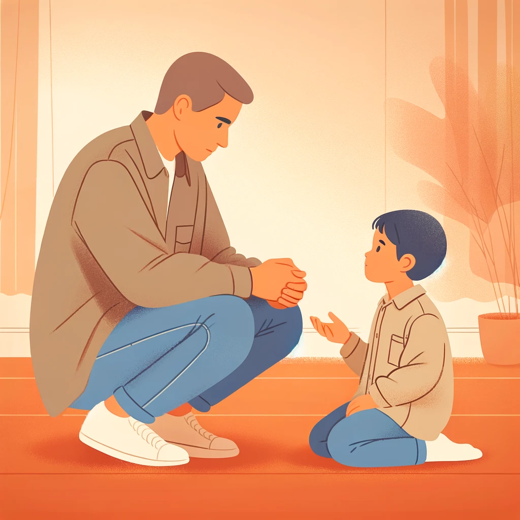 A parent in casual clothing kneeling on one knee, talking to their young child in a cozy indoor setting. The child, around 4-5 years old, looks up at the parent with an expression of curiosity and attentiveness. The warm, nurturing atmosphere of the room enhances the sense of a caring and understanding moment between them.