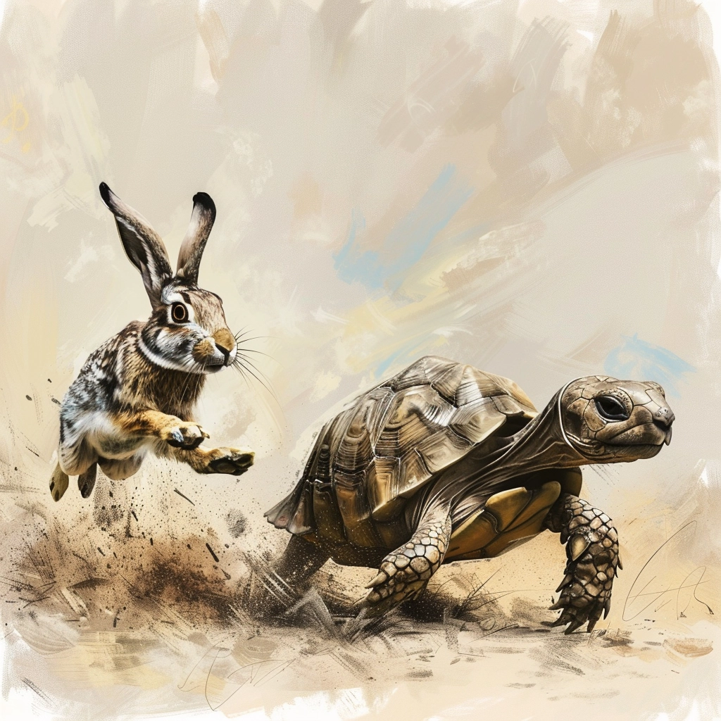 An artistic illustration showing a dynamic race between a tortoise and a hare. The hare is leaping energetically to the right while the tortoise is steadily moving forward on the ground. The background is a mix of neutral and warm tones with abstract brushstrokes, evoking a sense of movement and urgency in this classic fable scene.