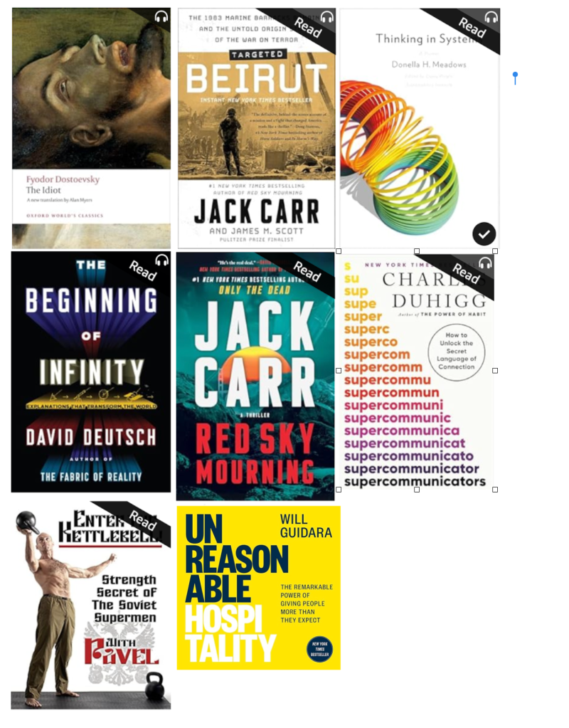 A collage of book covers featuring The Beginning of Infinity by David Deutsch, Red Sky Mourning by Jack Carr, Supercommunicators by Charles Duhigg, Enter The Kettlebell! by Pavel Tsatsouline, and Unreasonable Hospitality by Will Guidara.